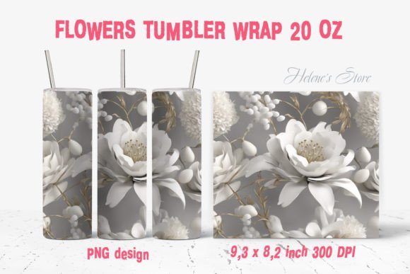 3D White Flower Tumbler Wrap Sublimation