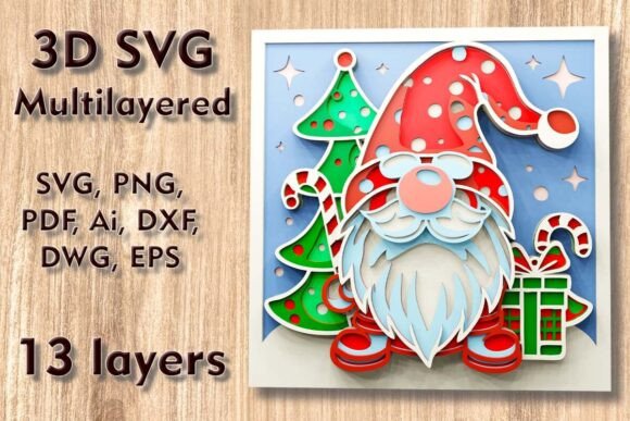 Christmas Gnome 3D SVG Multilayered